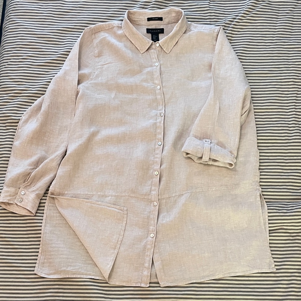 Tahari Linen Button Down Shirt long w/ side slit XL